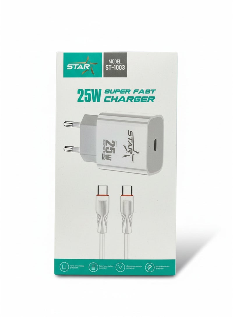 شاحن USB-C فائق السرعة STAR ST-1003 بقوة 25 واط مع كابل من النوع C إلى النوع C